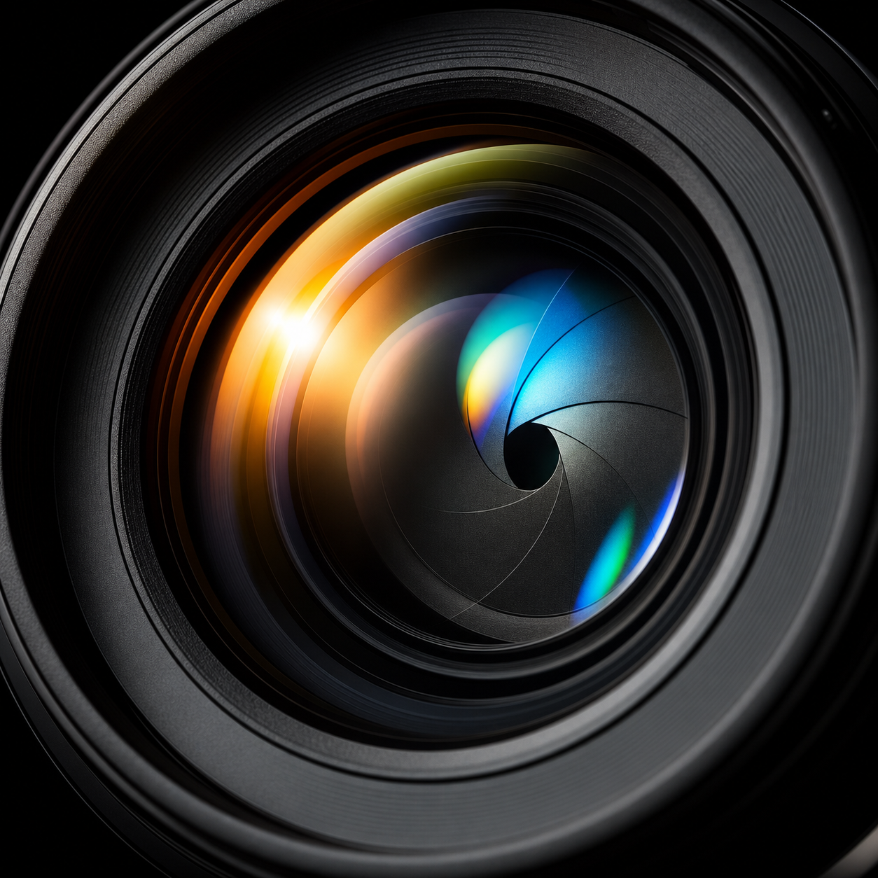 Dettaglio macro di un obiettivo fotografico con riflessi di luce, simbolo di nitidezza e messa a fuoco perfetta