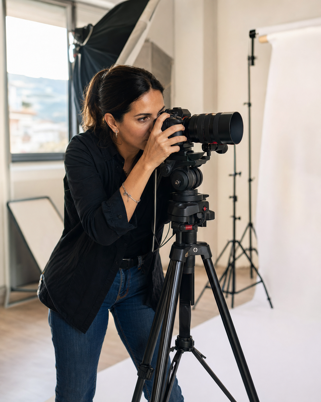 Fotografa al lavoro in uno studio luminoso a Messina durante una sessione ritratto con illuminazione professionale a softbox