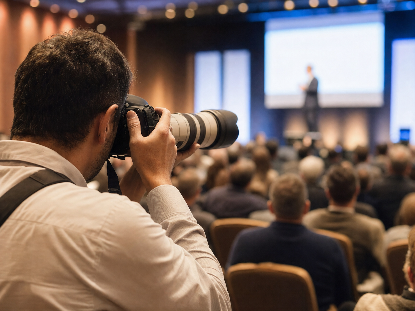 Fotografo che documenta un evento aziendale dal vivo con obiettivo a lunga focale