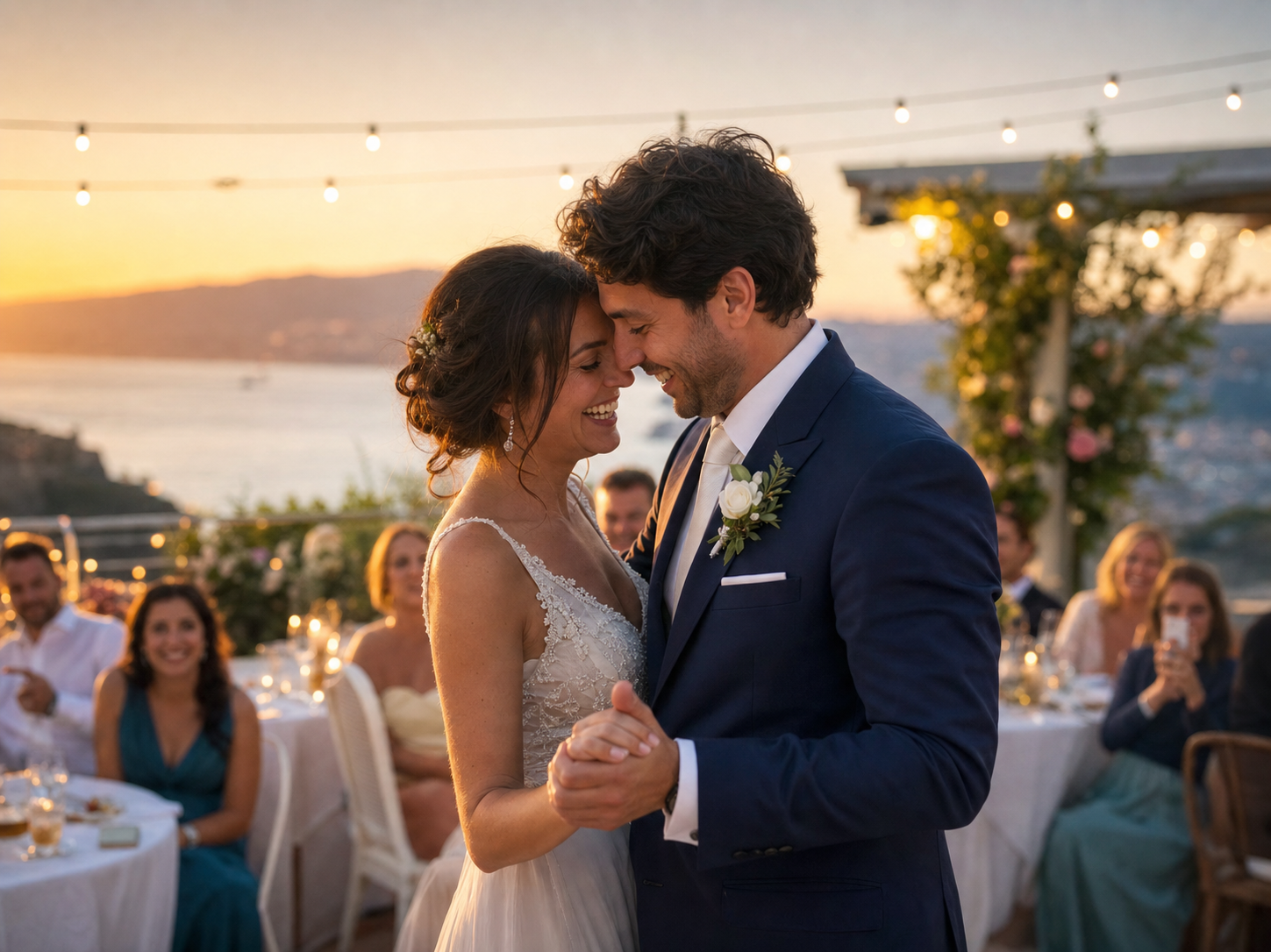 Coppia di sposi fotografata durante il ricevimento, reportage matrimoniale a colori nitidi